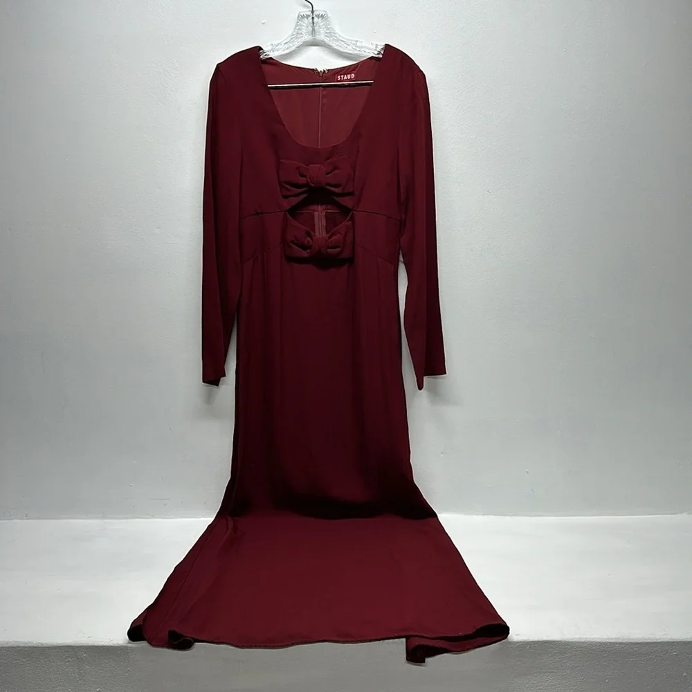 Staud Lido Dress Maxi Long Sleeve Cutout Bow Evening Gown Dark Red New Size 8 - Picture 6 of 13